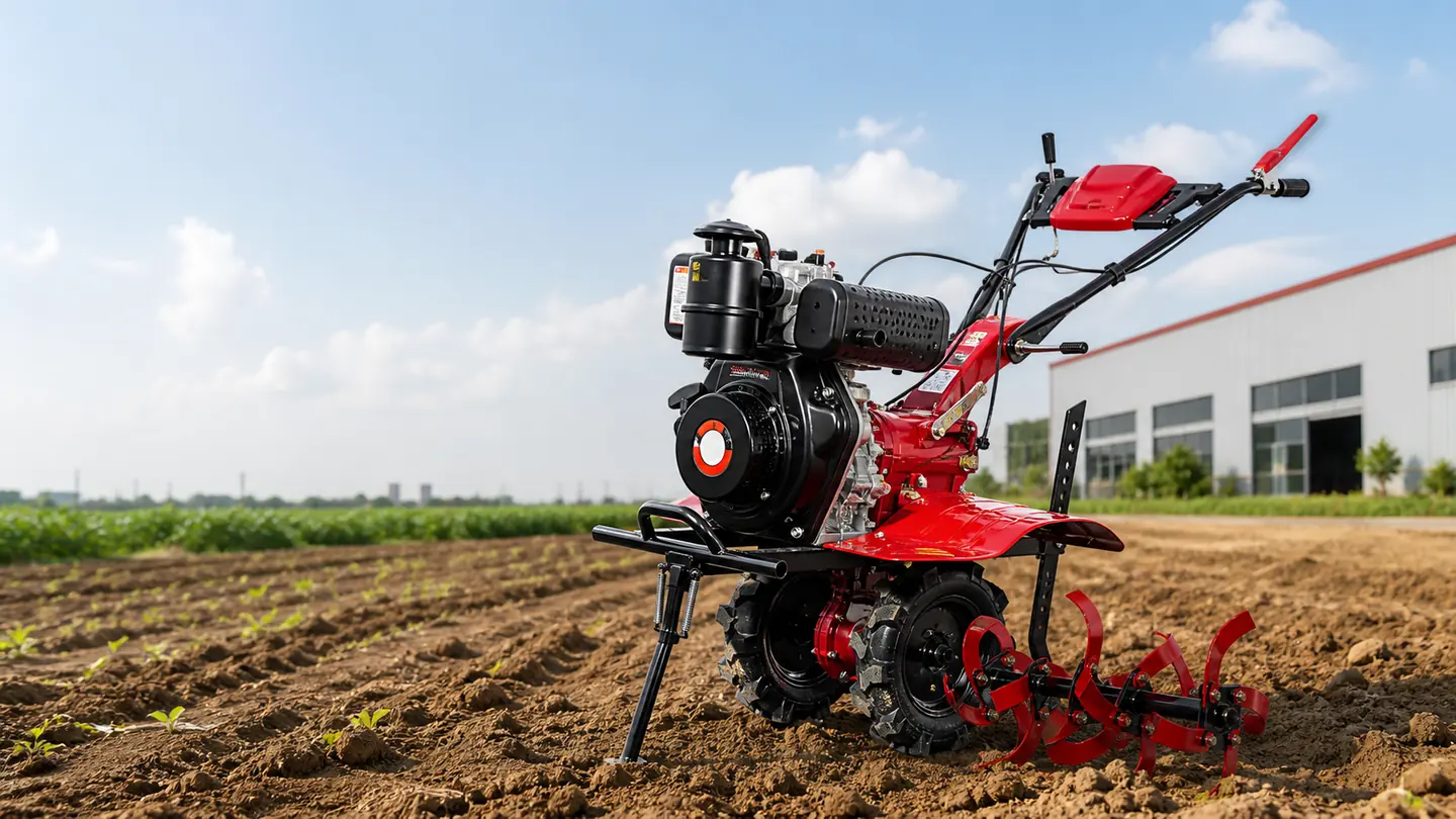 Compact red power tiller in a field near a factory