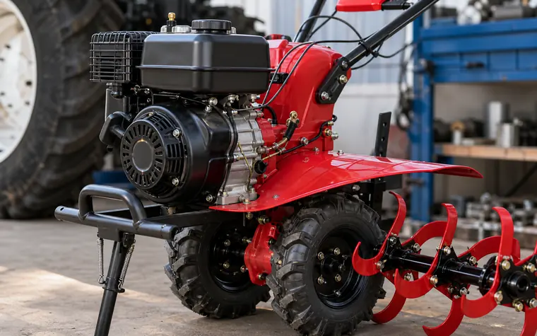 Power tiller engine, wheel and rotary blade detail preview