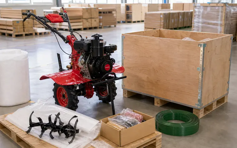 Wooden crate packing preparation for compact power tiller shipment